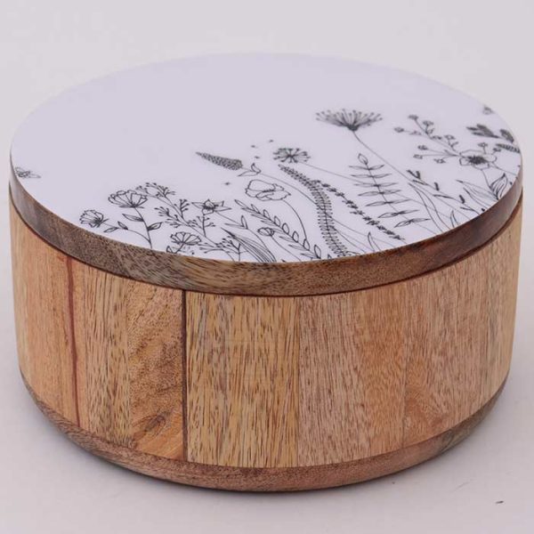 scatola in legno naturale con tappo ermetico, decoro floreale con finitura laccato lucido